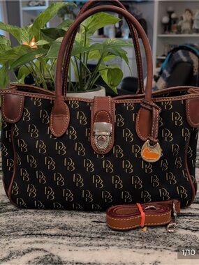 Dooney & Bourke Black Signature Canvas Satchel with Brown Leather Trim